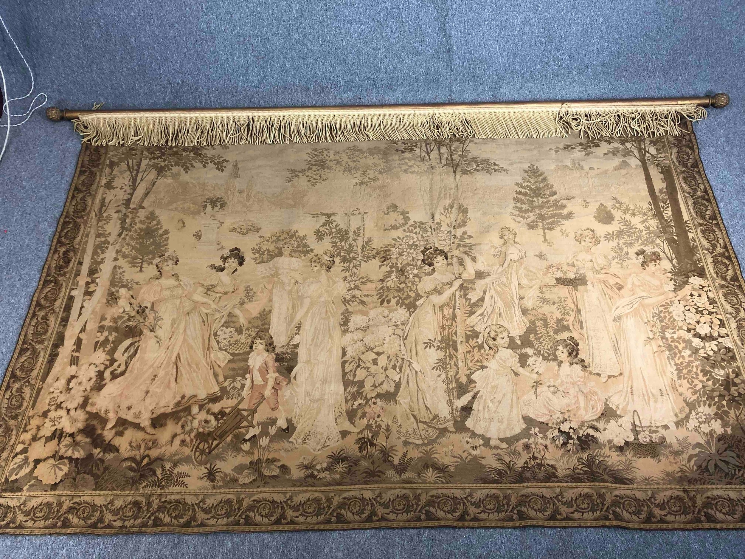 An early 20th century large Aubusson style tapestry wall hanging with classical figures in a garden, - Image 2 of 4