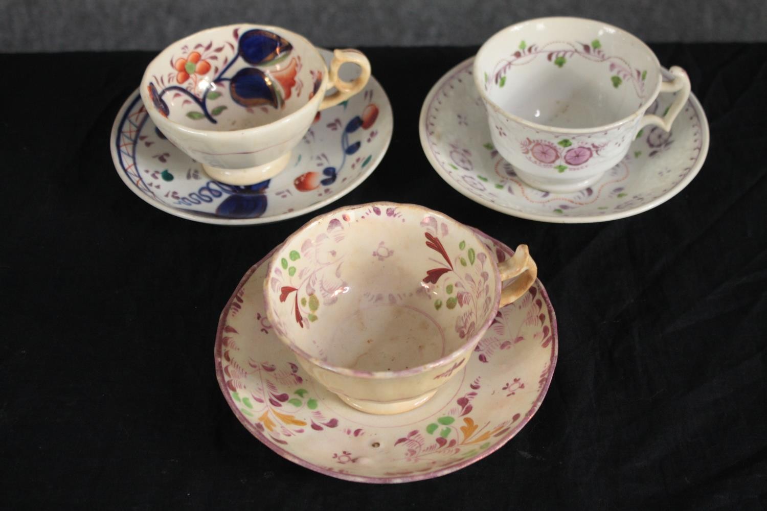 A collection of 19th century lustre ware tea cups and saucers and a sugar bowl. Dia.17cm. (largest) - Image 4 of 5