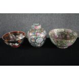 Two twentieth century Japanese Imari bowls and a lidded jar. Dia.31cm. (largest)