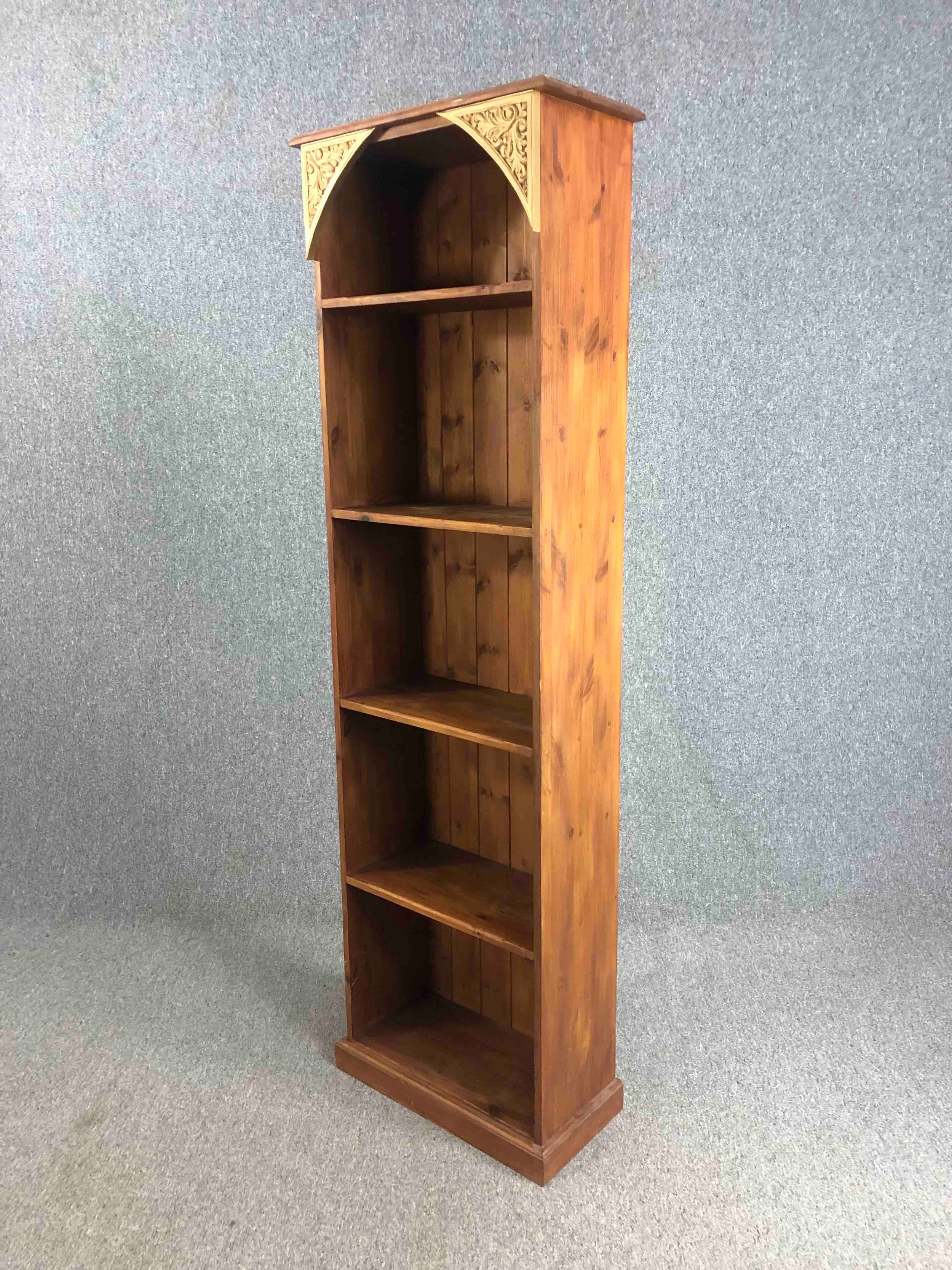 A full height pine open bookcase with carved and painted decoration. H.197 W.60 D.30cm. - Image 2 of 4