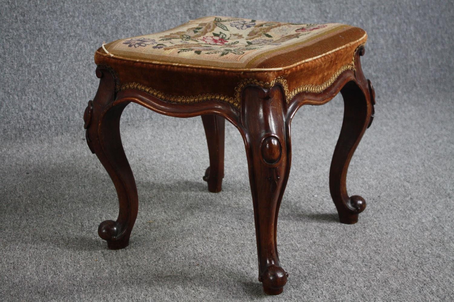 A mid Victorian stool with original tapestry seat on carved mahogany cabriole supports. H.46 W.44 - Image 4 of 5