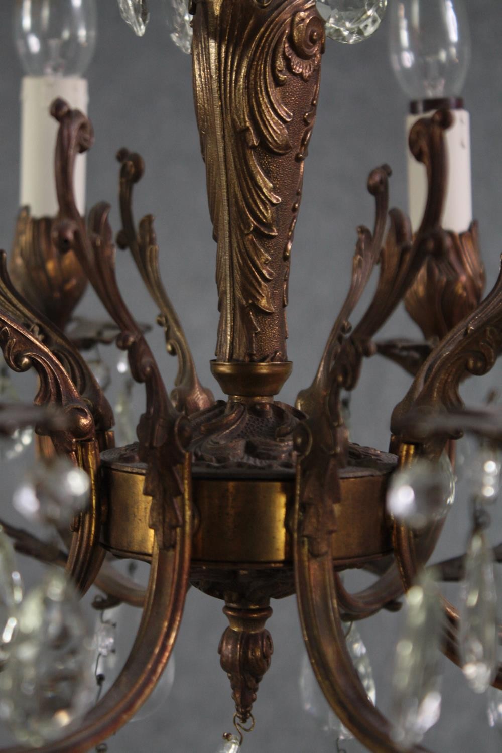 A French foliate design chandelier with seven branches. Brass decorated with hanging tear drop glass - Image 5 of 5