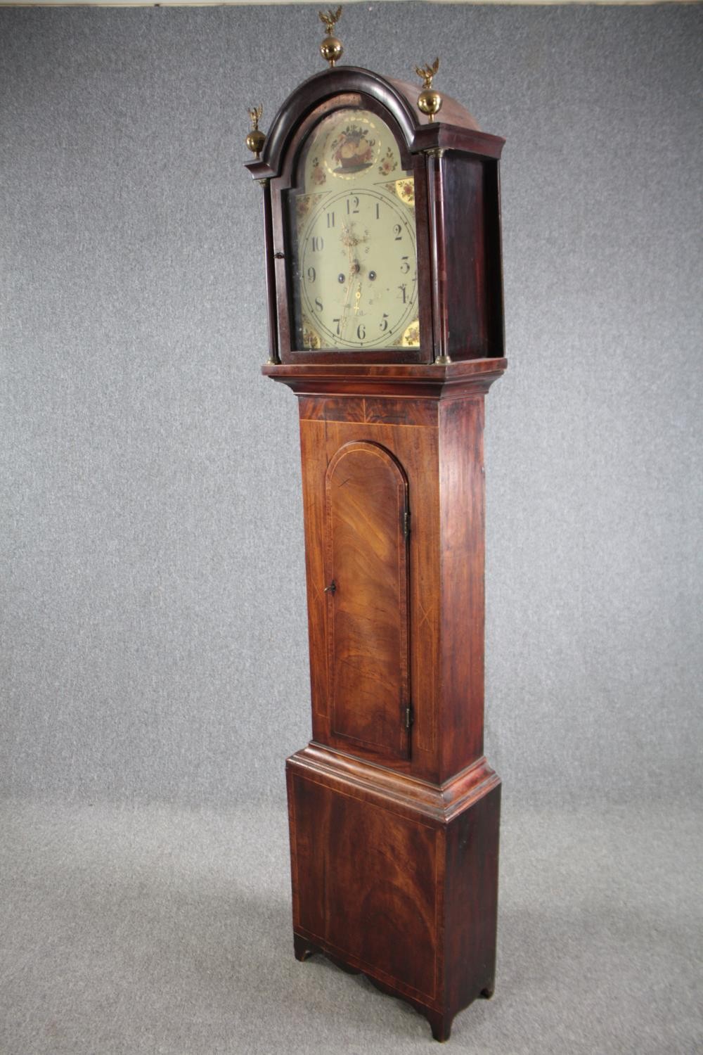 Longcase clock, Georgian mahogany and crossbanded case with satinwood string inlay, painted face and - Image 9 of 11