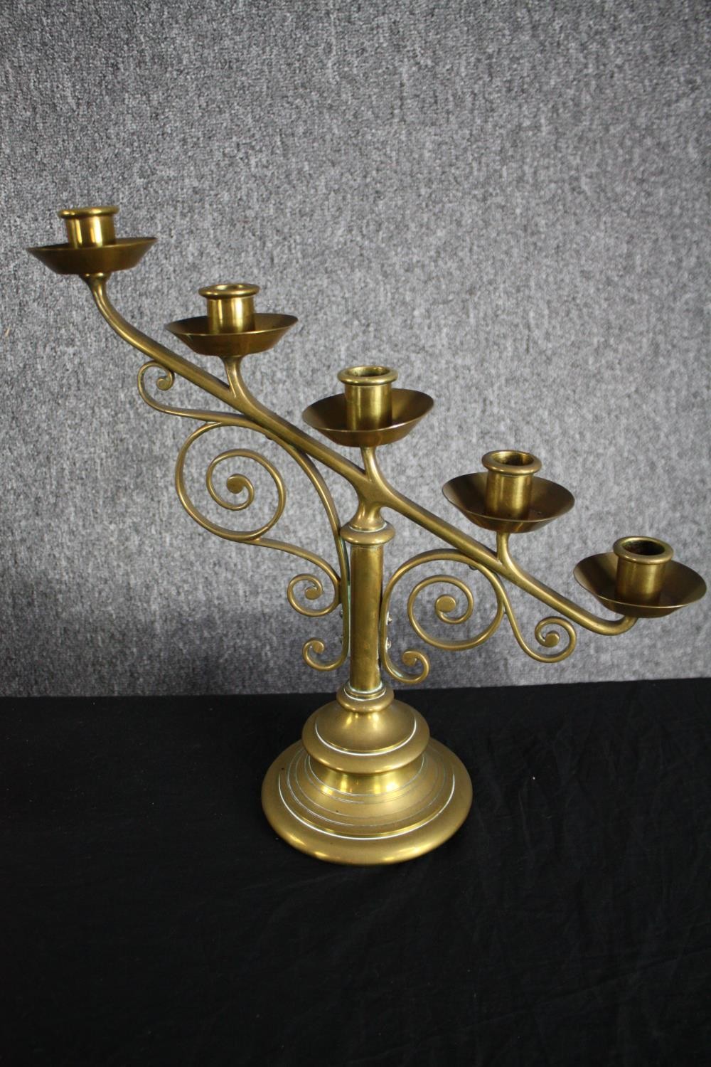 A mixed collection of brassware including a candle holder, knocker and stags head. H.37cm. (largest) - Image 6 of 7