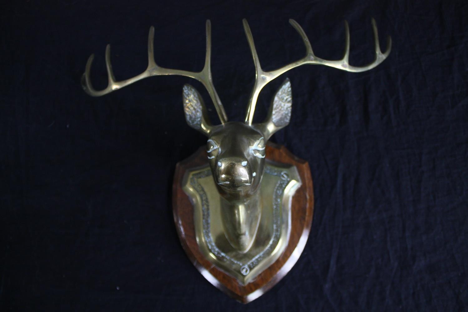 A mixed collection of brassware including a candle holder, knocker and stags head. H.37cm. (largest) - Image 5 of 7