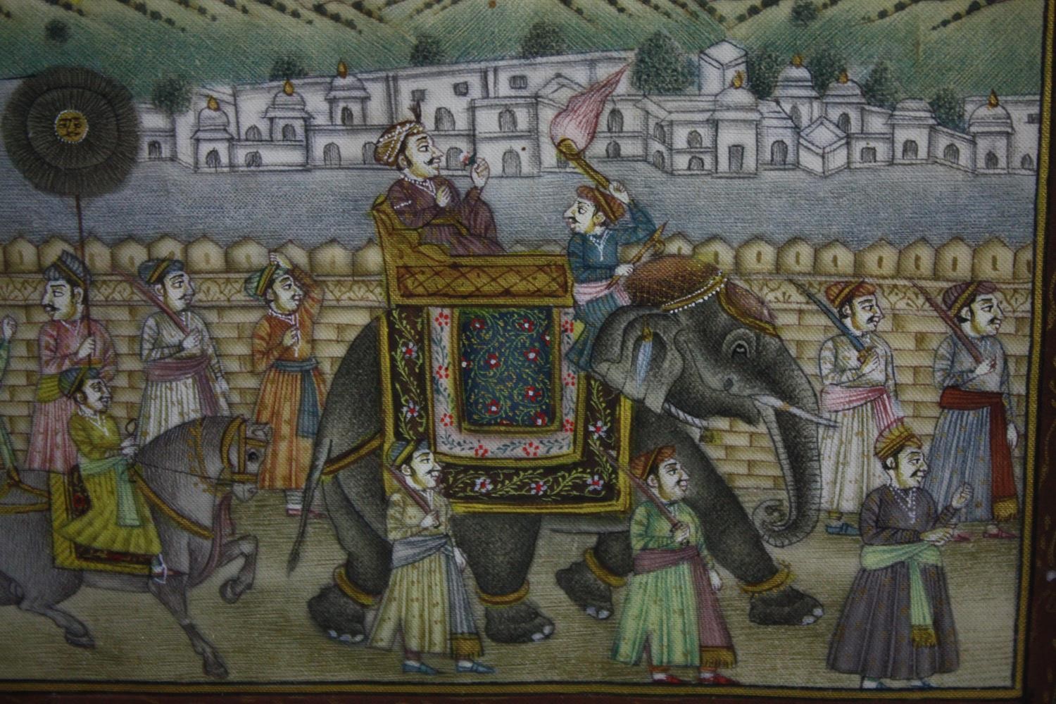 Two miniature Indo-Persian watercolours. Court procession with deities on elephants. Framed and - Image 2 of 4