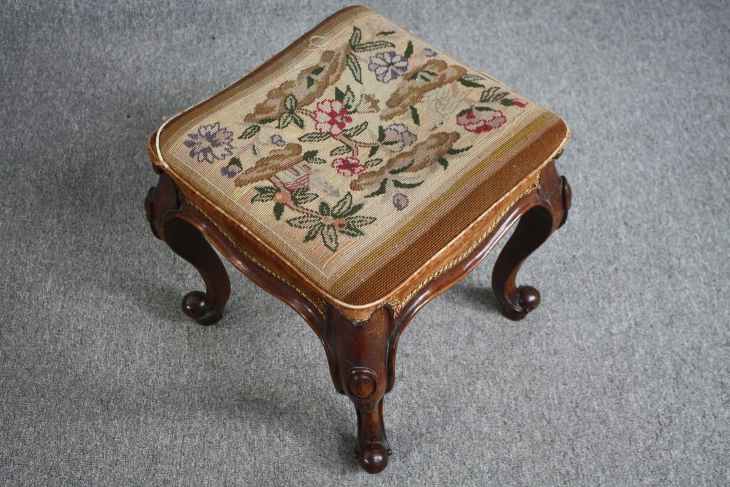 A mid Victorian stool with original tapestry seat on carved mahogany cabriole supports. H.46 W.44 - Image 2 of 5