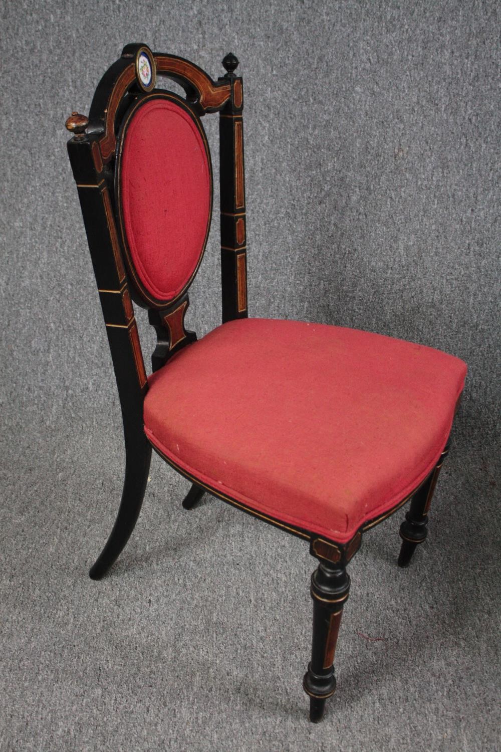 Chairs, a pair, late 19th century amboyna and ebonised with hand painted porcelain medaillon to - Image 3 of 6