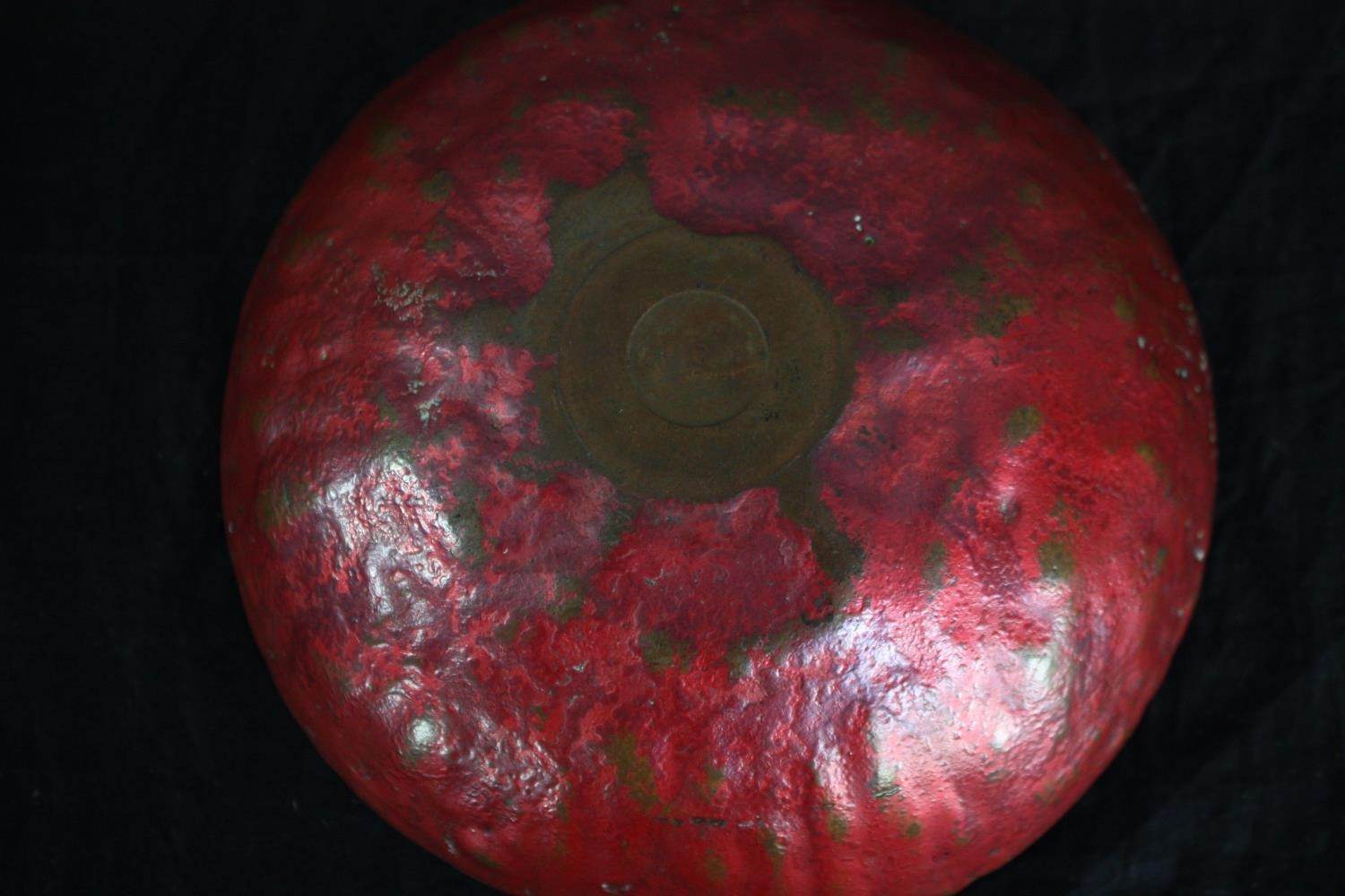 An early 20th century heavy copper and red enamel fruit bowl along with a textured glaze cylindrical - Image 6 of 7