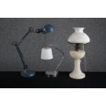 Three desk lamps including an anglepoise style light. H.50cm. (largest)