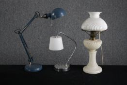 Three desk lamps including an anglepoise style light. H.50cm. (largest)