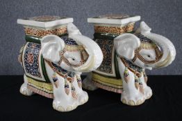 A pair modern oriental style ceramic elephants. Garden stools. Hand painted and well detailed. H.