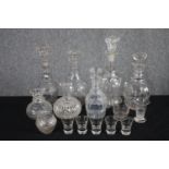 A mixed collection of 19th century blown glass decanters, jelly glasses and shot glasses. H.35cm. (