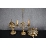A mixed brass collection to include a two branch candleabra, a crystal and gilt metal sconce and a