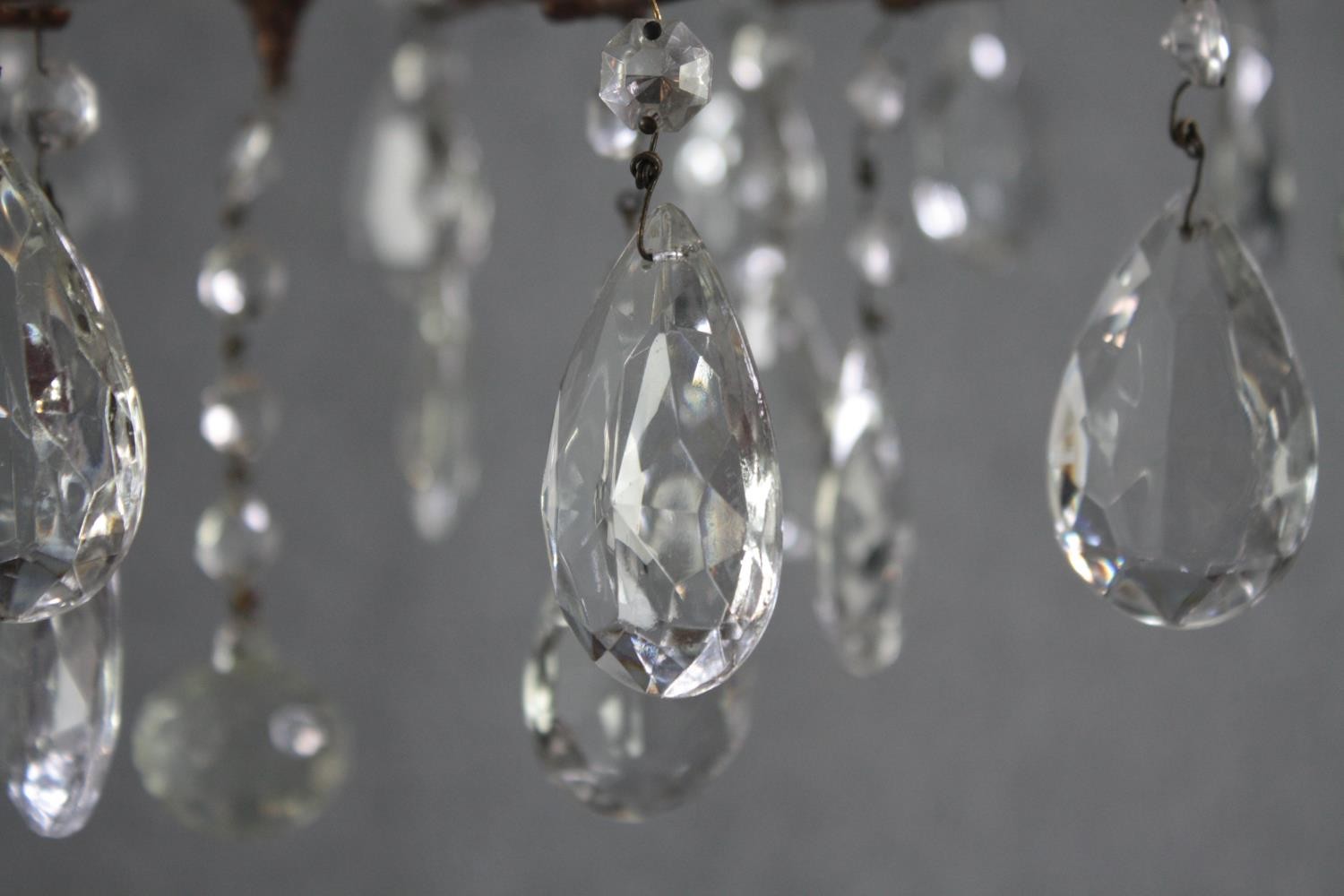 A French foliate design chandelier with seven branches. Brass decorated with hanging tear drop glass - Image 4 of 5