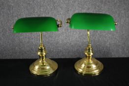 A pair of modern 1940s style bankers desk lamps with green glass shades. H.26cm. (each)