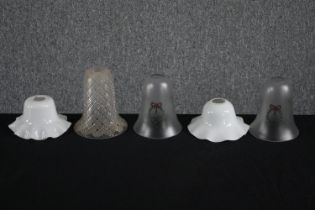 Five glass lampshades. White glass, opaque and cut glass. H.16cm. (largest)