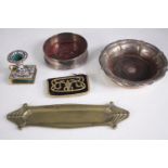 A mixed collection, including a brass enamelled candle holder, a wine bottle holder, brass tray