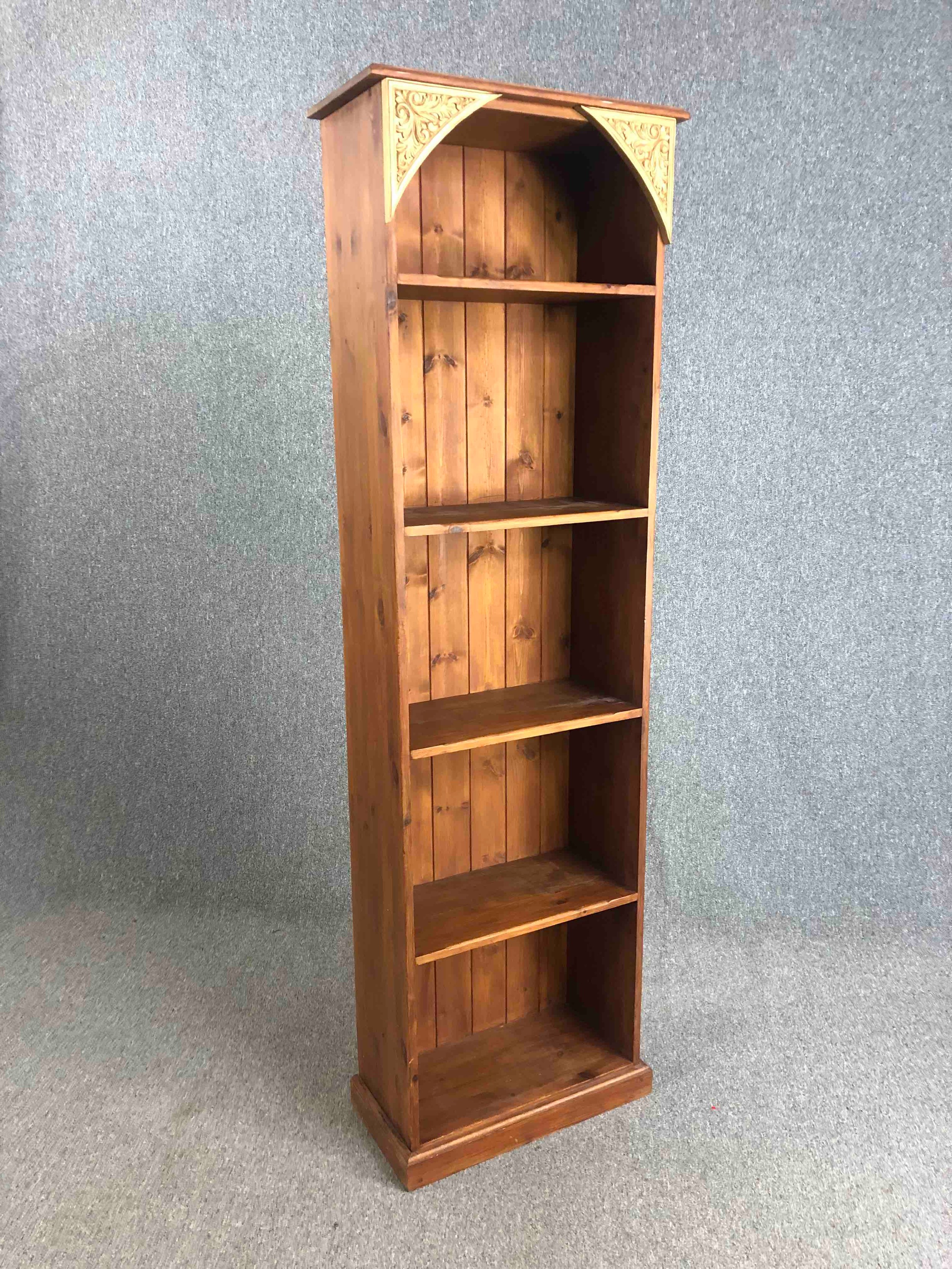 A full height pine open bookcase with carved and painted decoration. H.197 W.60 D.30cm. - Image 3 of 4