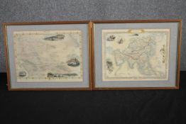 Two hand colored, illustrated maps of Asia. Framed and glazed. H.35 W.44cm. (largest)