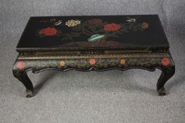 Coffee table, vintage lacquered Chinese with allover hand painted decoration. H.42 W.106 D.55cm.