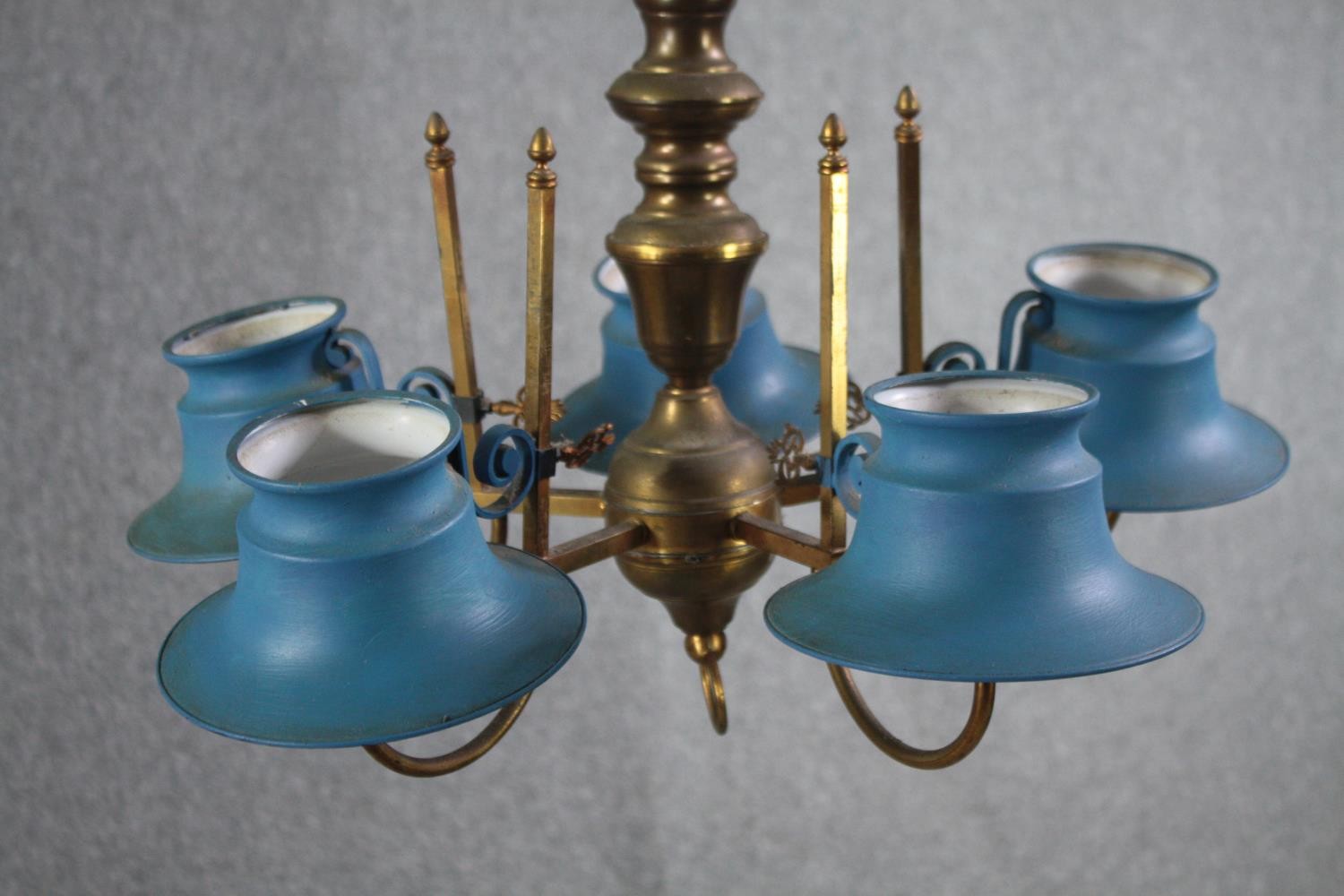 A five branch brass chandelier with light blue toleware shades. H.34 Dia.55cm. - Image 2 of 5