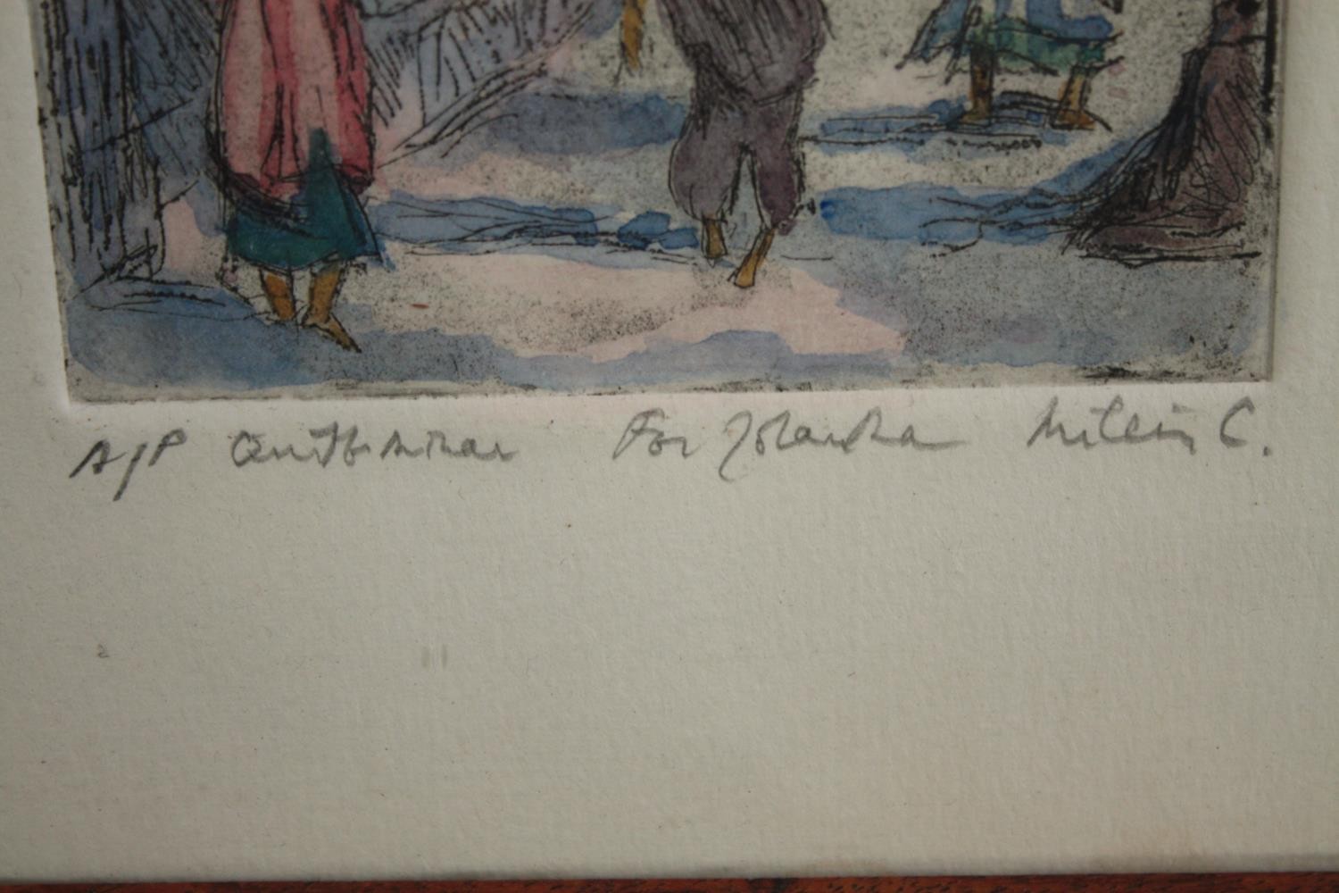 A small hand coloured etching marked 'A.P' (artist's proof) and signed indistinctly by the artist in - Image 3 of 3