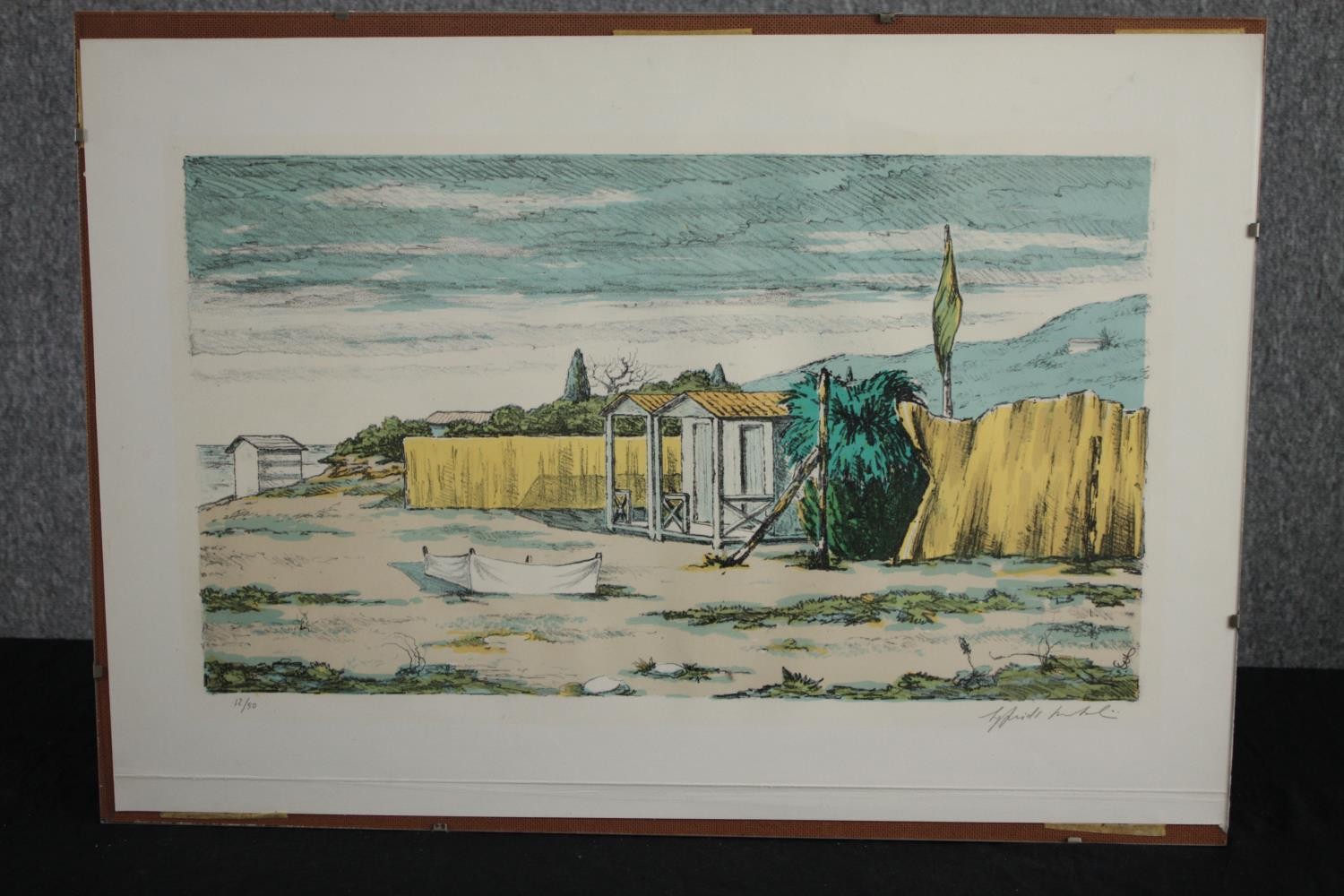 Screen print. A beach scene. Edition of 50 copies. Signed but indistinctly bottom right. Framed - Image 2 of 5