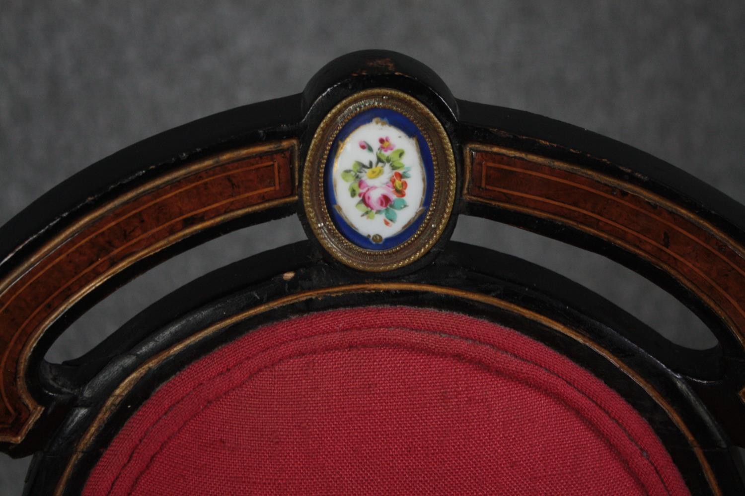 Chairs, a pair, late 19th century amboyna and ebonised with hand painted porcelain medaillon to - Image 6 of 6