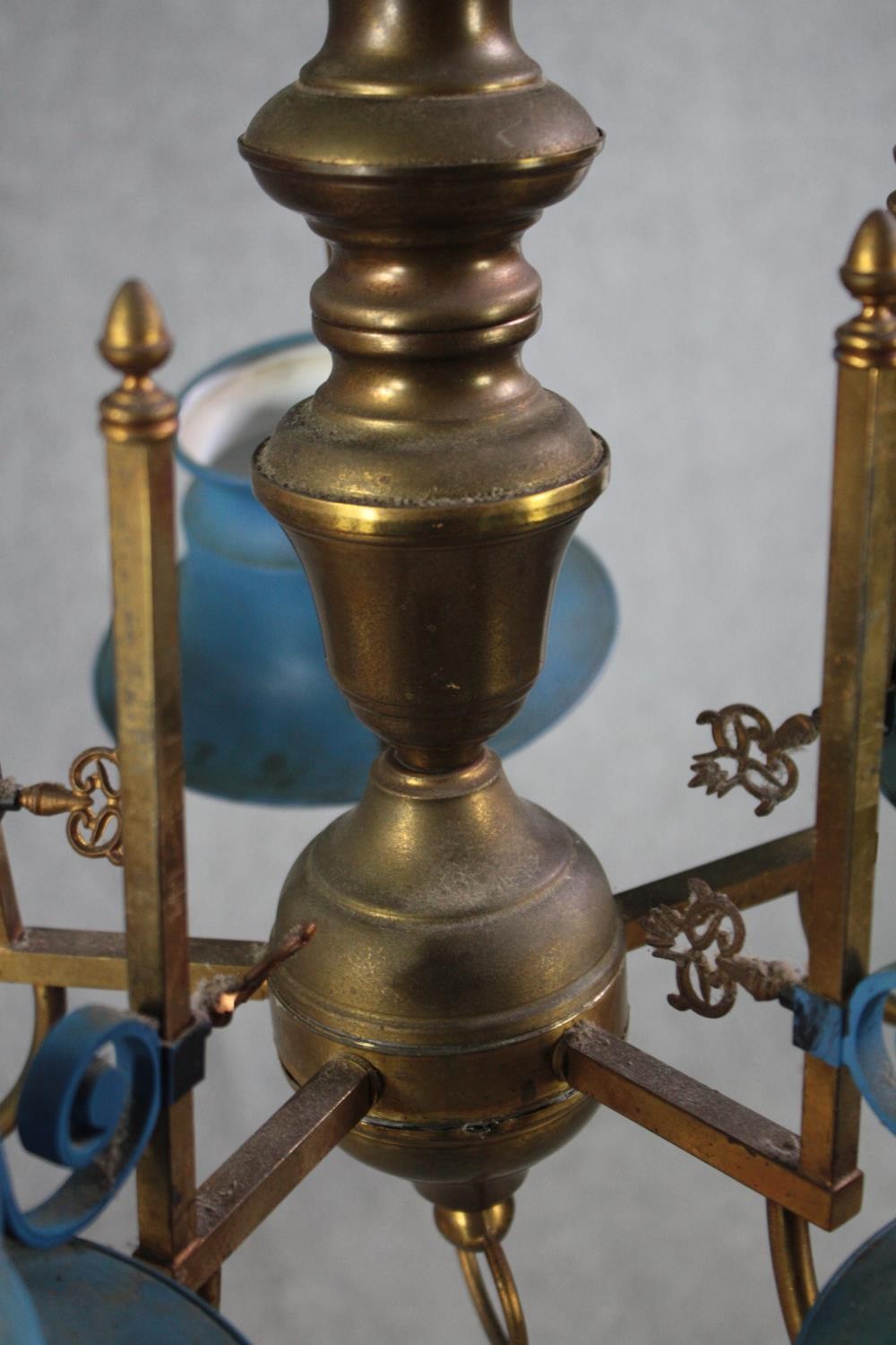 A five branch brass chandelier with light blue toleware shades. H.34 Dia.55cm. - Image 5 of 5