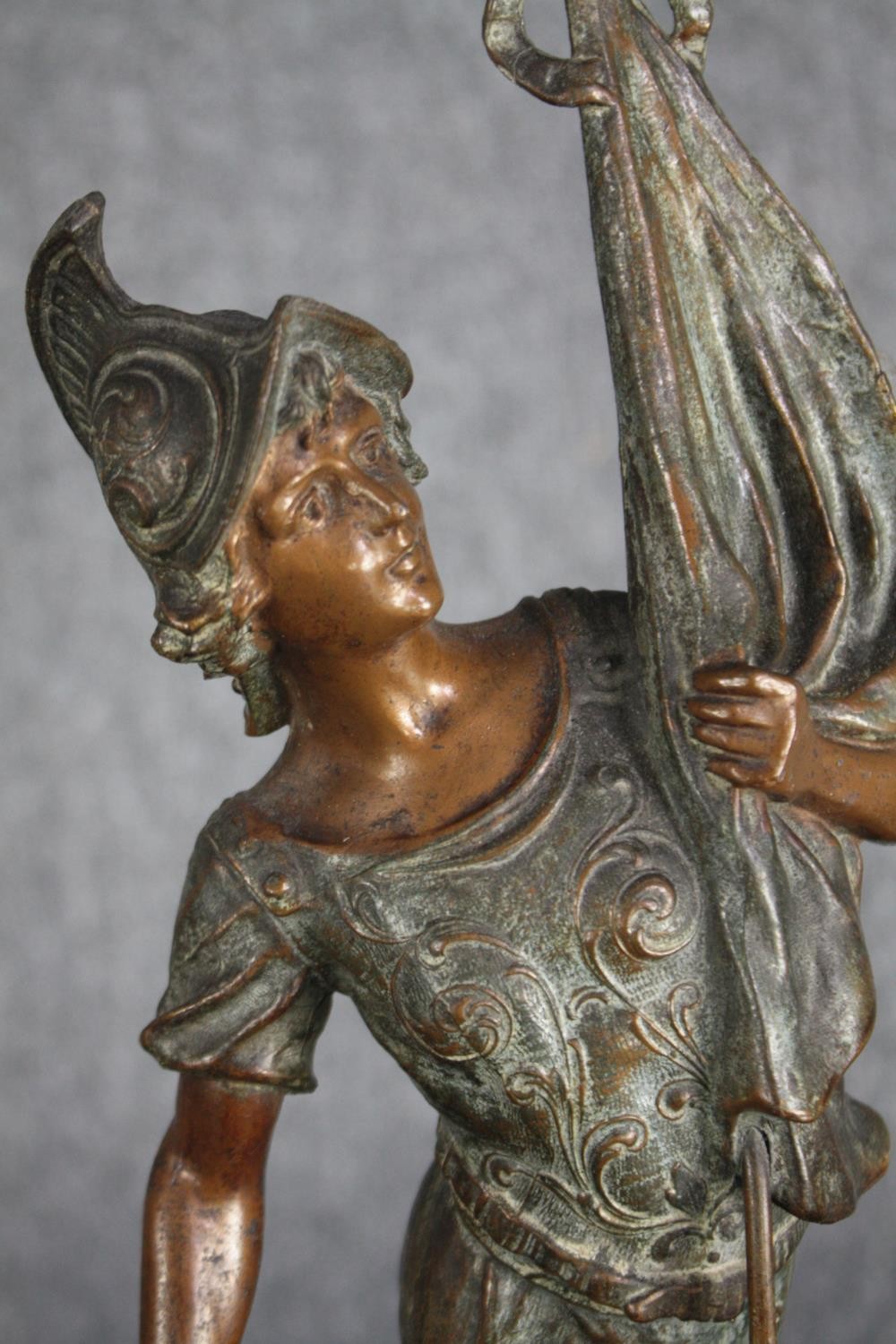 Two bronze effect spelter figures. A patinated allegory of War and Peace. On wooden bases. H.58cm ( - Image 6 of 6