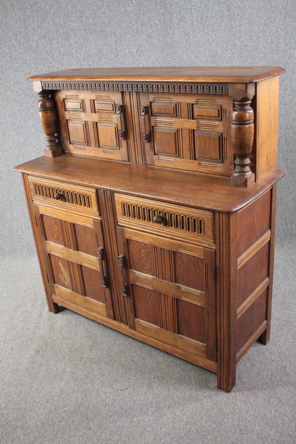 Court cupboard, mid century Jacobean style oak. H.125 W.120 D.46vm. - Image 3 of 5