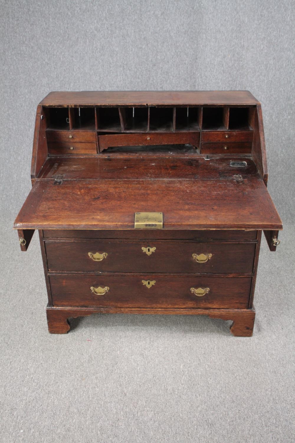 Bureau, Georgian oak with fitted interior. H.101 W.92 D.52cm. (Some wear and tear commensurate - Image 2 of 7