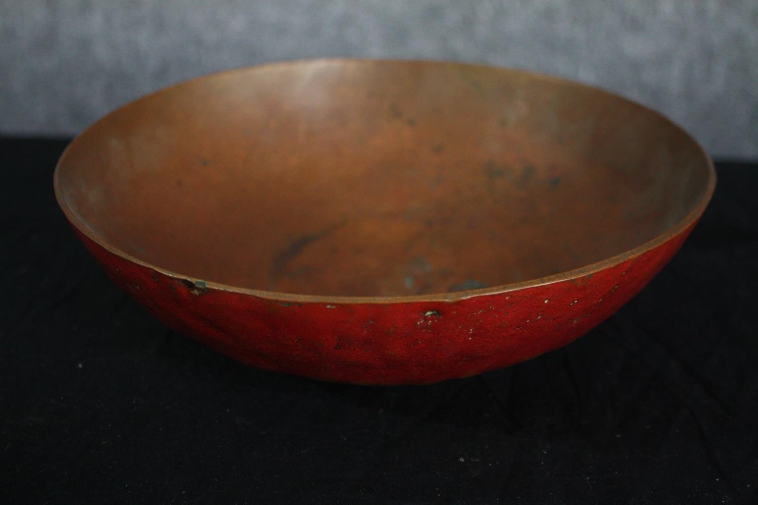 An early 20th century heavy copper and red enamel fruit bowl along with a textured glaze cylindrical - Image 5 of 7