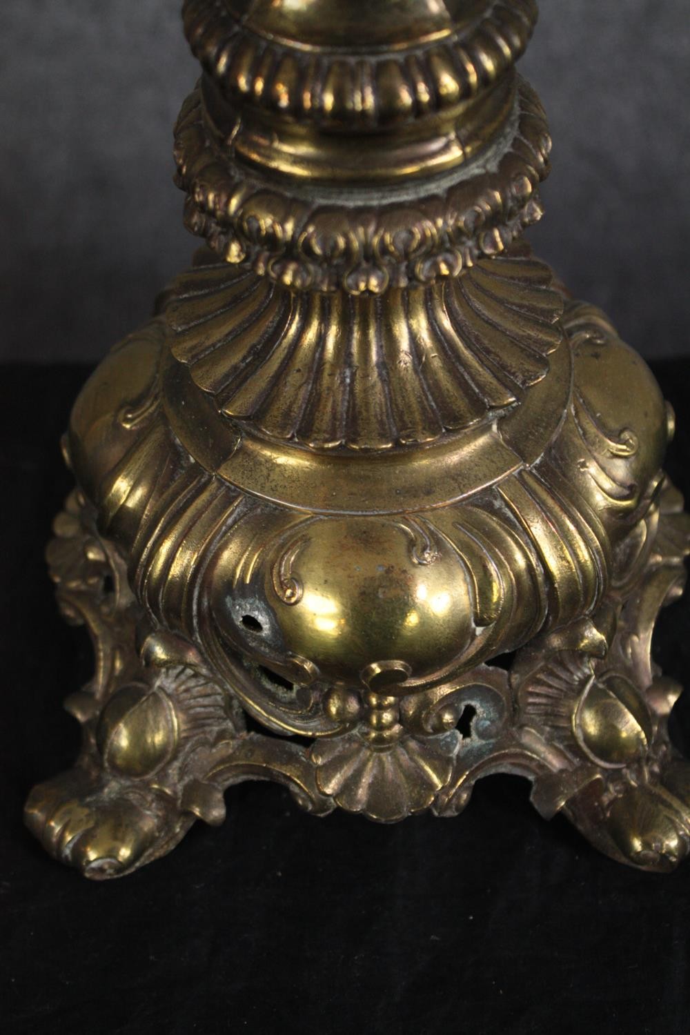 A pair of large casts brass lamps with four legged pedestals and raised Rococo revival style - Image 5 of 5