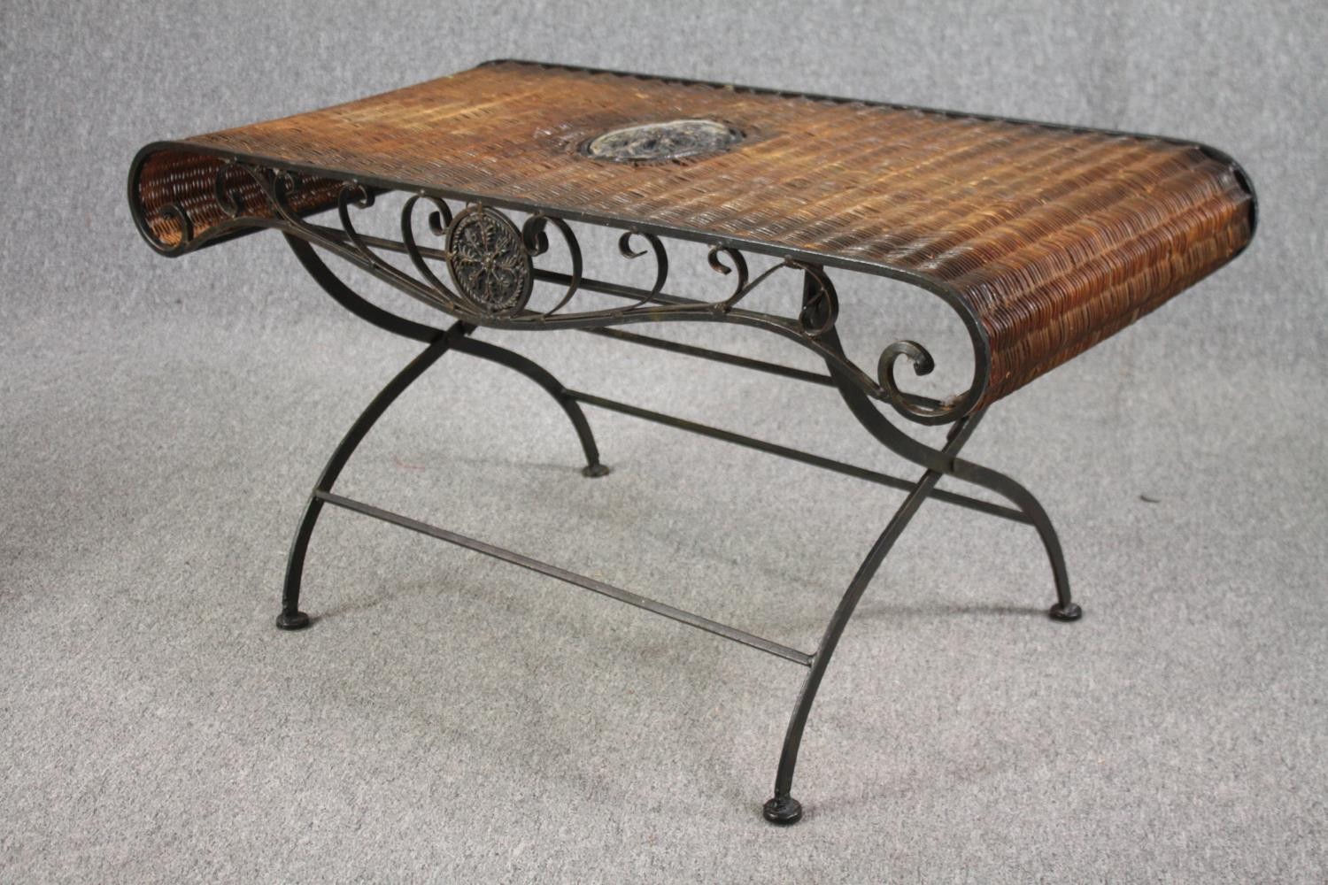 A French conservatory or coffee table, wicker on a scrolling metal frame. H.51 W.103 D.50cm. - Image 3 of 5