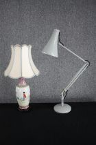 A Herbert Terry anglepoise lamp in a grey finish and a hand painted Chinese table lamp. H.86cm. (