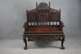 Hall bench, Chinese hardwood with carved and pierced decoration raised on cabriole supports. H.132