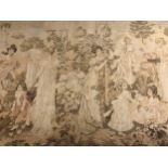 An early 20th century large Aubusson style tapestry wall hanging with classical figures in a garden,