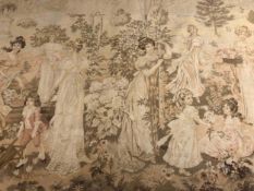 An early 20th century large Aubusson style tapestry wall hanging with classical figures in a garden,