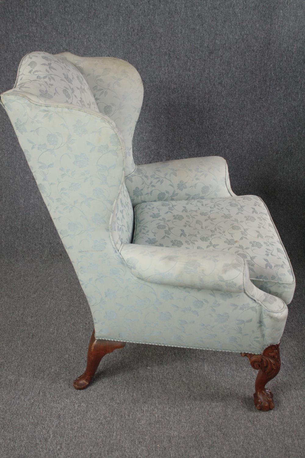 Armchairs, early Georgian wingback style on carved walnut cabriole supports. - Image 5 of 7