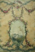 A large oil painting on canvas. Two birds within a pendant surrounded by a floral garlands. Probably