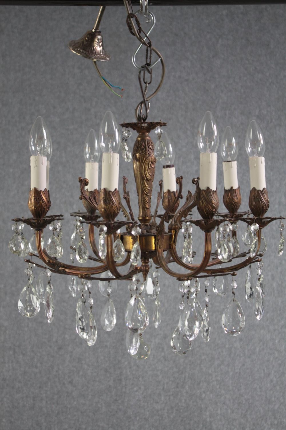 A French foliate design chandelier with seven branches. Brass decorated with hanging tear drop glass - Image 2 of 5