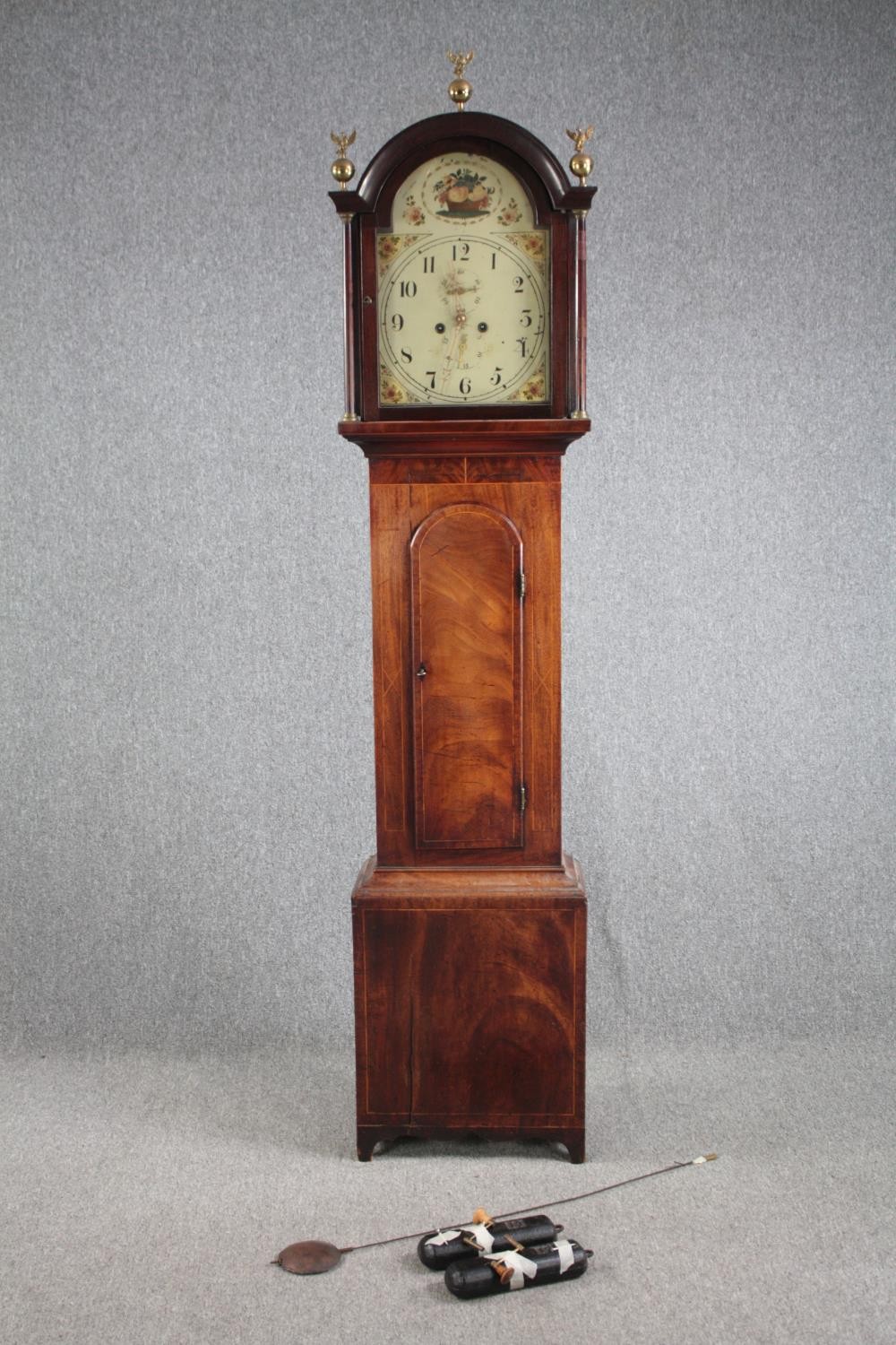 Longcase clock, Georgian mahogany and crossbanded case with satinwood string inlay, painted face and