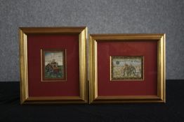 Two miniature Indo-Persian watercolours. Court procession with deities on elephants. Framed and