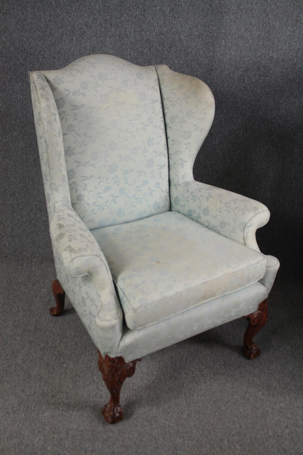 Armchairs, early Georgian wingback style on carved walnut cabriole supports. - Image 4 of 7