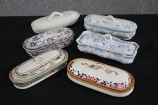 A collection of 19th century six lidded ceramic tureens. L.21cm. (largest)