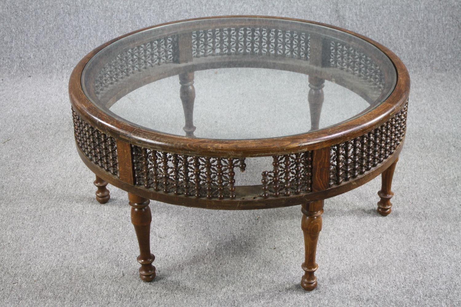 Coffee table, North African style hardwood with plate glass inset top. H.50 Dia.98cm. - Image 3 of 5