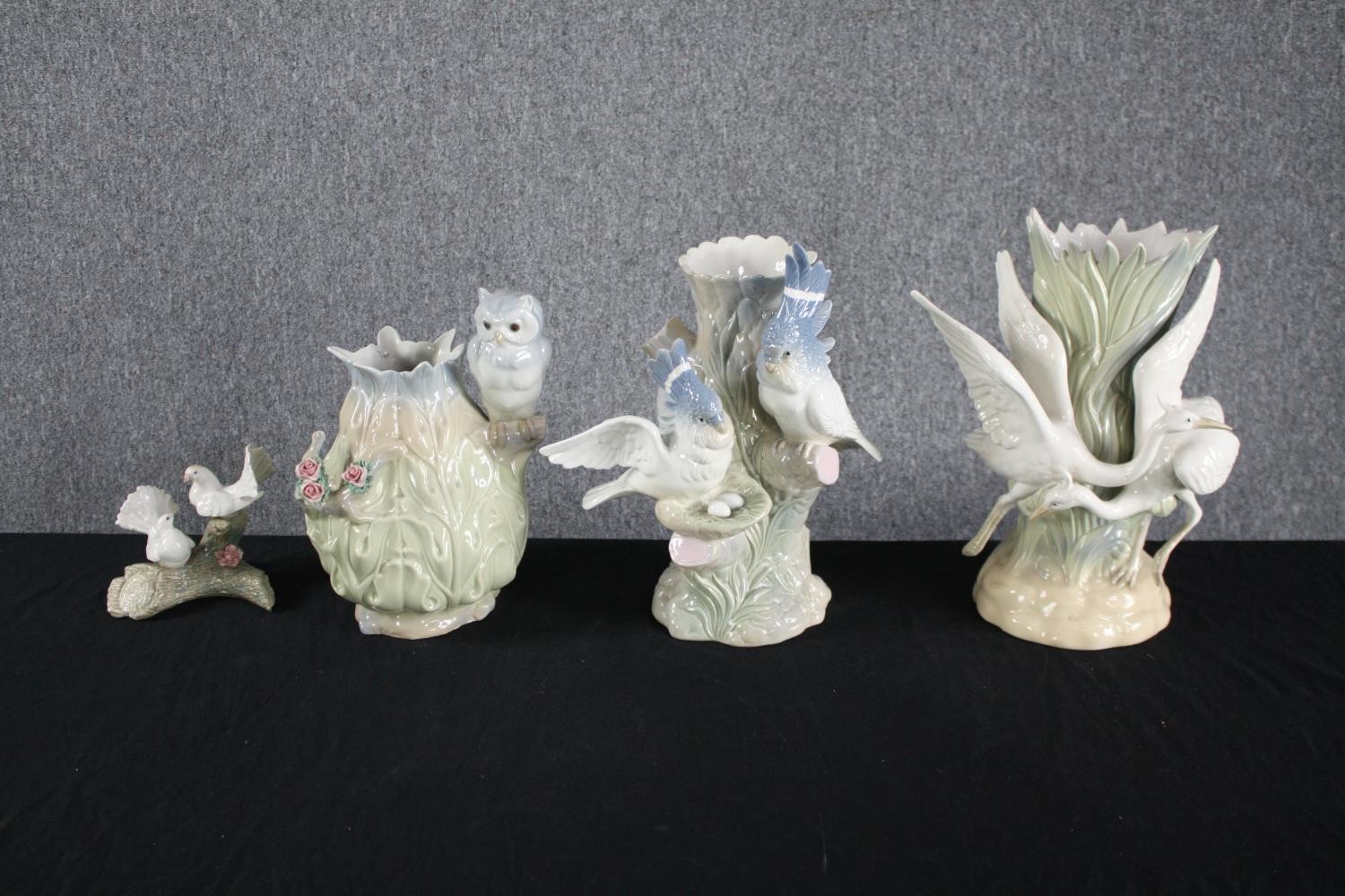 A mixed collection of bird theme ceramic vases. Made by 'Porceval Villamarchante, Valencia' and '