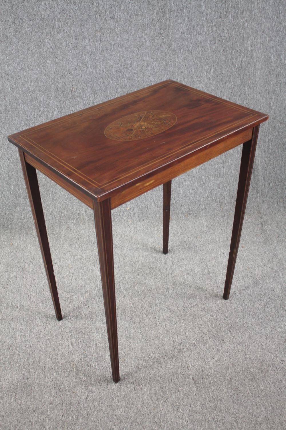 Occasional table, Edwardian mahogany with satinwood marquetry central cartouche. H.78 W.61 D.40cm. - Image 2 of 4